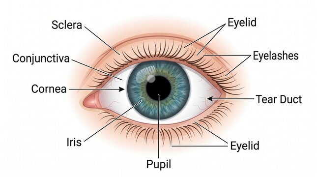 Detailed anatomical illustration of the human eye showing the pupil iris cornea sclera and conjunctiva