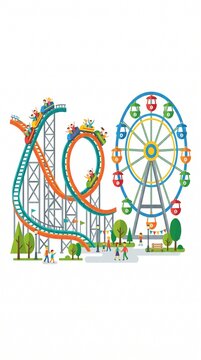 Amusement park with roller coaster and Ferris wheel with people enjoying rides and park atmosphere