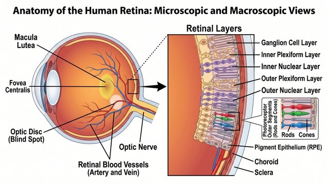 Detailed anatomical illustration of the human retina showing microscopic and macroscopic views with labeled structures