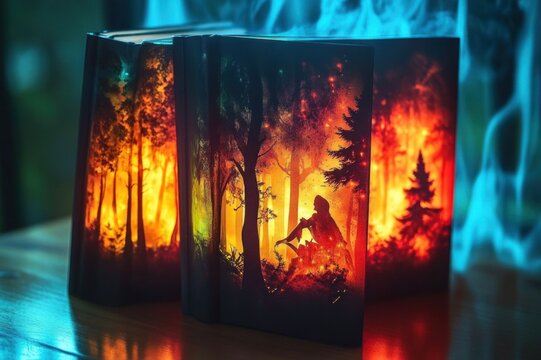 Backlit decorative book panels with silhouetted forest and seated figure, glowing orange firelight and drifting blue smoke, warm contemplative and magical atmosphere