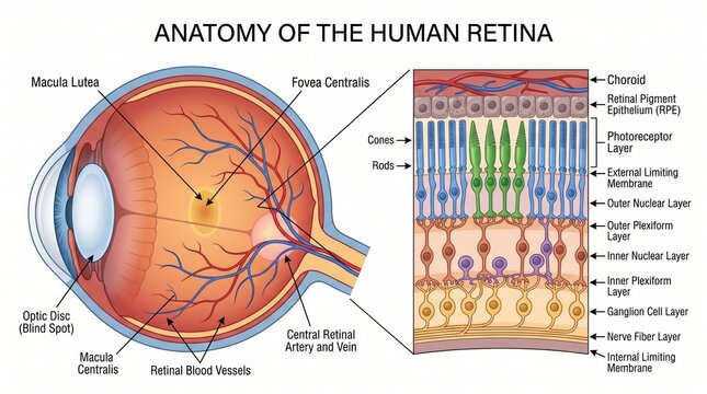 Detailed anatomical illustration showing the crosssection of the human eye retina structure