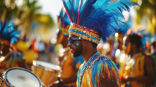 Colorful carnival drummers in beaded costumes with tall blue feather headdresses playing drums in a joyful tropical parade