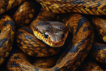 Fototapeta premium Close-up of a coiled orange and black patterned snake with a watchful, intense gaze and detailed textured scales