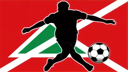 Fototapeta premium Silhouette soccer player kicks ball against vibrant red, white, and green flag background.