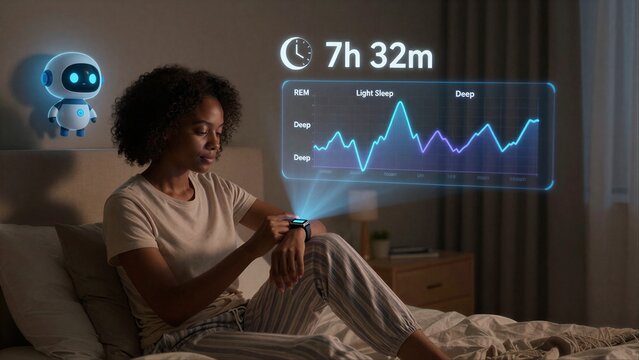 Woman checks sleep stats on smartwatch, robot companion nearby in dim bedroom.
