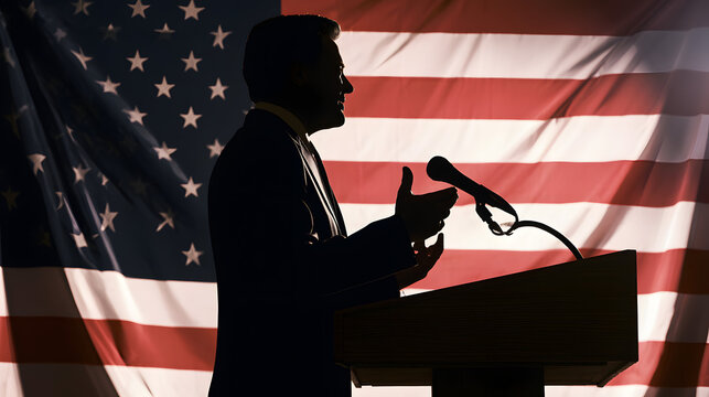 Picture of an American politician addressing the podium beneath the national flag