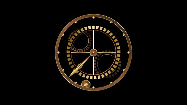 Steampunk Mechanical Portal Clock Animation with Rotating Gear Mechanisms and Golden Timekeeping Circular Interface