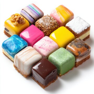 Petit four assortment dessert with colorful icing isolated on a white background