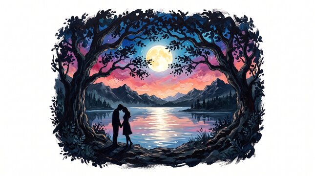 Couple watching moonlit lake landscape