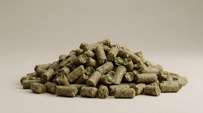 A close up studio shot of a pile of organic alfalfa pellet used for animal feed, highlighting the textured green forage in a sustainable agriculture