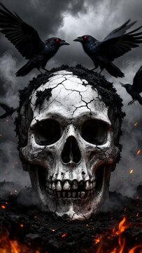 calavera gigante, cr&aacute;neo humano, cuervos, cuervo negro, aves negras, muerte, s&iacute;mbolo de la muerte, apocalipsis, paisaje apocal&iacute;ptico, mundo postapocal&iacute;ptico, destrucci&oacute;n, devastaci&oacute;n, cat&aacute;strofe, torm