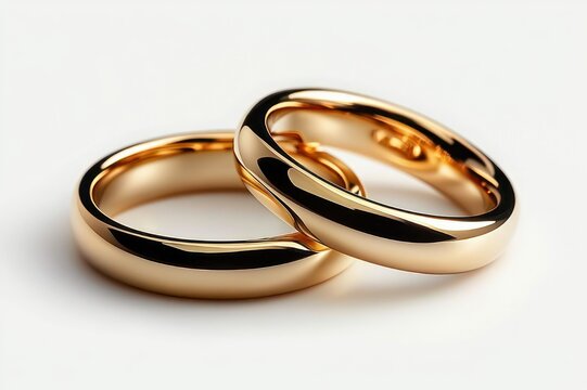 two polished gold wedding bands resting together on a clean white background, evoking unity and timeless love