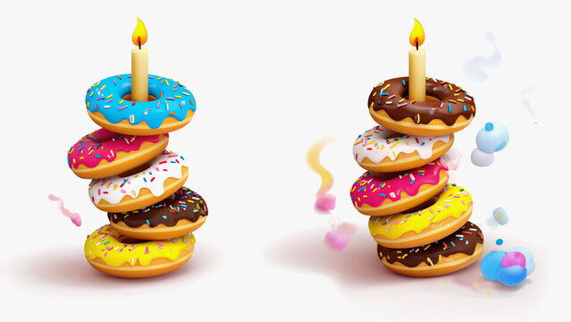 stack of colorful icing donuts with candle on white background.ai 