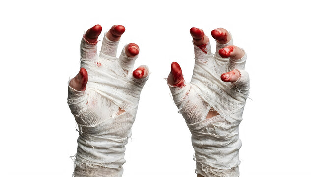 PNG Two human hands wrapped in white medical gauze bandages that are stained with bright red blood dripping from the fingertips in a threatening zombie gesture Isolated on transparent background