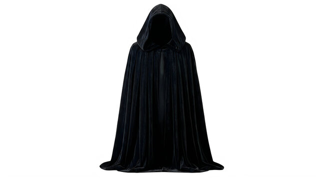 PNG A solitary deep black velvet hooded cloak draped over an unseen form with intricate fabric folds and shadows Isolated on transparent background