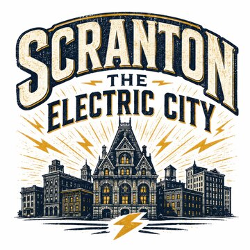 Vintage Scranton Electric City retro travel poster with historic architecture and sunburst rays