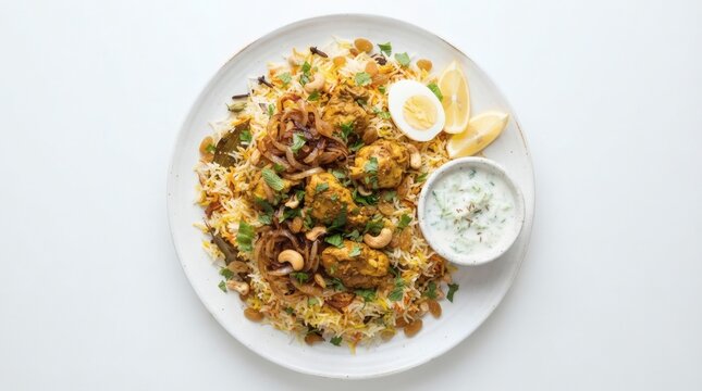 Top Down Flat Lay Aromatic Indian Chicken Biryani Fluffy Basmati Rice Saffron Tender Chicken Onions


