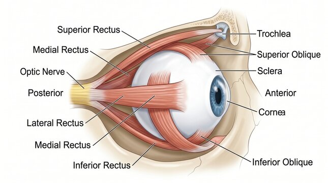 Detailed anatomical illustration of the human eye showing muscles optic nerve and bone structure
