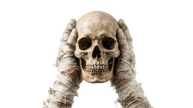 PNG A pair of mummy hands wrapped in tattered linen bandages holding a human skull with both hands Isolated on transparent background