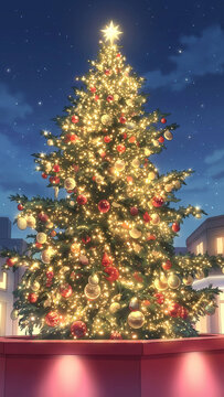 夜空の下で輝く大きなクリスマスツリーとオーナメントのイラスト