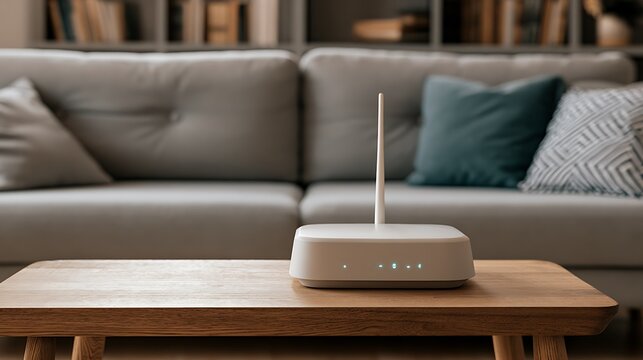 A white Wi-Fi router sits on a wooden table in a living room. Wireless internet technology for home connectivity.