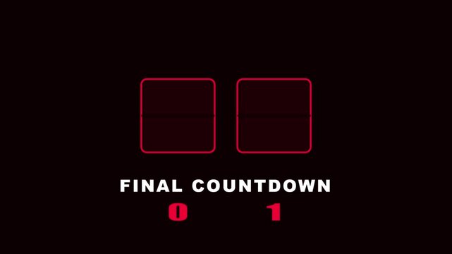 Final countdown timer with red digital numbers and minimalist animation 4k black background, clock