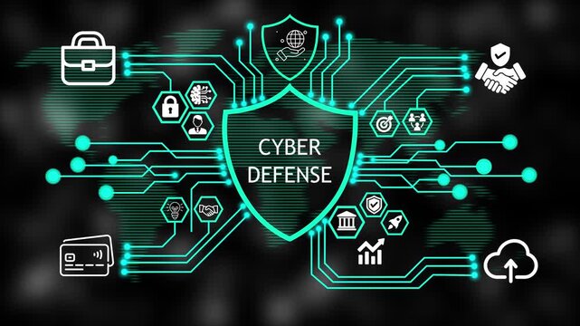  Cyber Security cyber defense Shield HUD Animation with Connected Business and Technology Icons Abstract Background