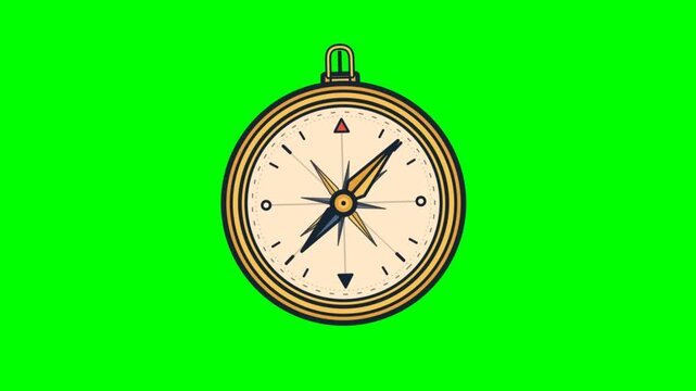 Golden Vintage Compass Animation with Spinning Needle on Green Screen Background