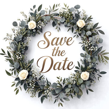 Beautiful floral wreath with white roses and greenery save the date text elegant design