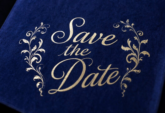 Elegant dark blue save the date card with ornate golden typography and decorative floral designs