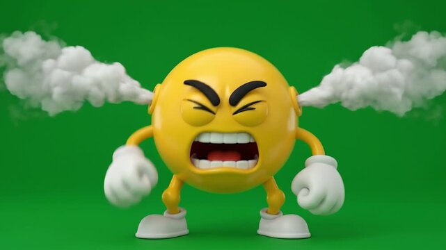 3D Angry Emoji Character Screaming with Steam on Green Screen Background.