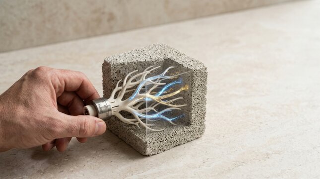 Hand inserting a ceramic root cart into the ground symbolizing agricultural efficiency in resource delivery systems