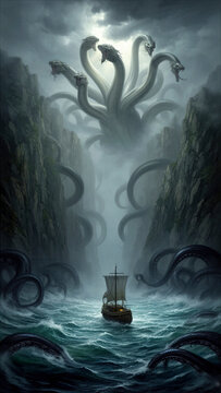 kraken, monstruo marino, criatura marina, pulpo gigante, calamar gigante, tent&aacute;culos, barco, barco antiguo, barco pirata, navegaci&oacute;n, oc&eacute;ano, mar, mar abierto, criaturas mitol&oacute;gicas, mitolog&iacute;a marina,