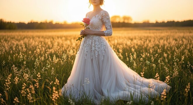 bride in white dress holding flower in field at sunset