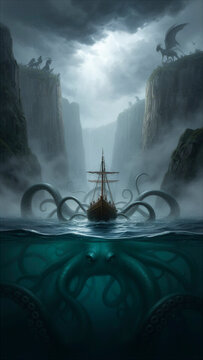 kraken, monstruo marino, criatura marina, pulpo gigante, calamar gigante, tent&aacute;culos, barco, barco antiguo, barco pirata, navegaci&oacute;n, oc&eacute;ano, mar, mar abierto, criaturas mitol&oacute;gicas, mitolog&iacute;a marina,