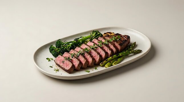 Australia day bbq celebration featuring a perfectly grilled medium-rare steak served with fresh green asparagus and broccolini on a rustic white platter