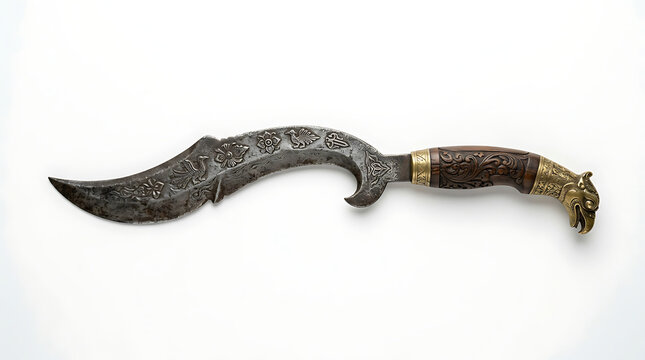 An ornate ancient ceremonial kukri knife with intricate metal engravings and wooden handle