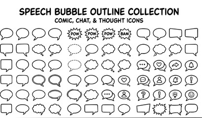 Naklejka premium Speech Bubble Icon Set, Black Line Vector Collection of 60 Chat Comic and Thought Balloon Outline Icons