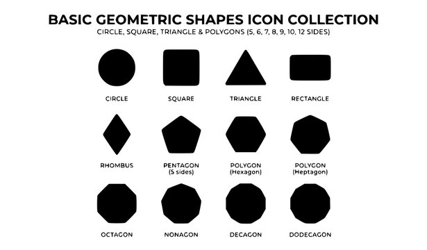 Basic Geometric Shapes Icon Set, Black Silhouette Vector Collection of 12 Circle Square Triangle and Polygon Icons