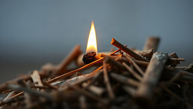 Matchstick igniting dry kindling, flames catching, minimalist background.