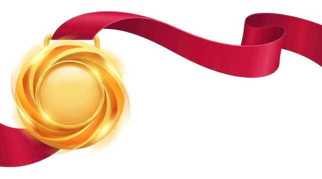 Blank gold medal achievement award with elegant red ribbon isolated on white