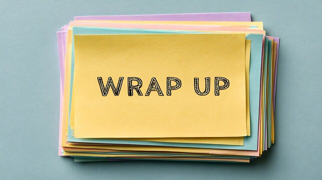 A stack of colorful sticky note papers with the words Wrap Up written. It represents a business summary or meeting.