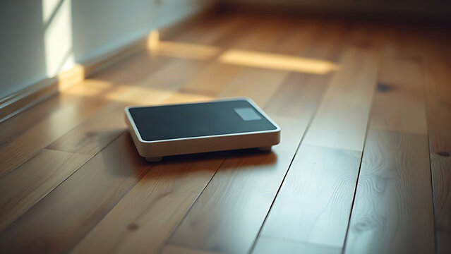 Weigh scales placed on a wooden floor, symbolizing health and wellness in soft morning light.