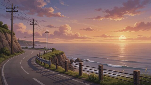Peaceful coastal cliff road overlooking the ocean at dusk