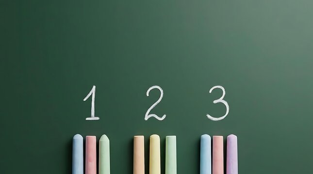 A close-up shot of the numbers 1 2 3 chalk drawings on a green classroom blackboard with colorful pastel sticks arranged neatly in rows underneath