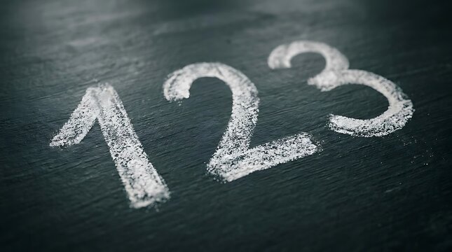 A close-up photograph of the numbers 1 2 3 chalk drawn in white on a textured dark black chalkboard background representing counting or simple education
