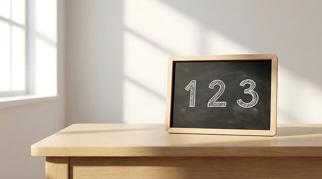 A small wooden frame with 1 2 3 chalk numbers written on a black surface standing on a clean light desk in a bright minimalist room for education