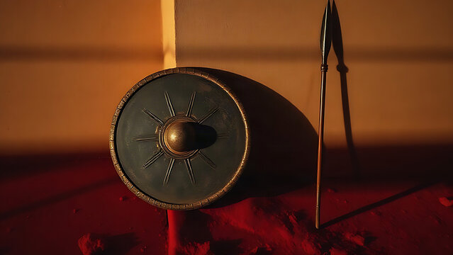 Traditional Zulu shield and spear casting long shadows on red earth, cultural artifacts.