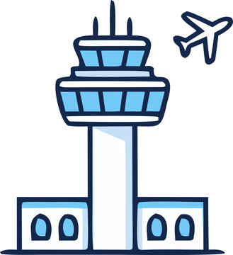 Airport Control Tower Building with Flying Airplane as an Aviation Infrastructure Icon Vector Illustration