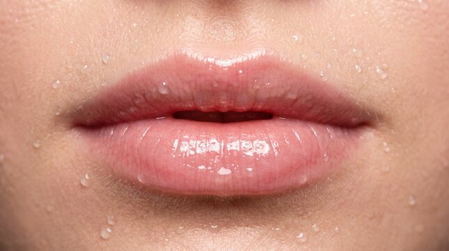 Detailed close-up of smooth, glossy lips and moisturized skin with refreshing water droplets